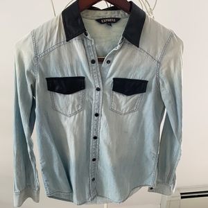 EXPRESS Denim Shirt w/ Faux Leather Trim